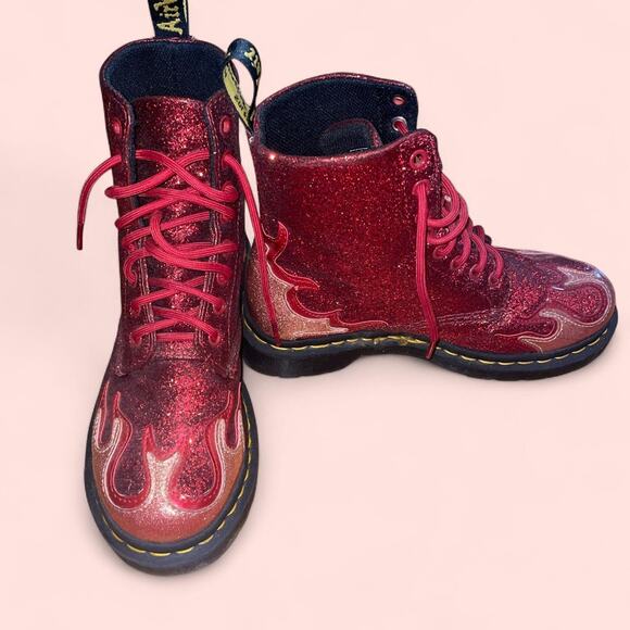 Dr. Martens Shoes - Dr Martens Red Glitter Flame 1460 Pascal Boots